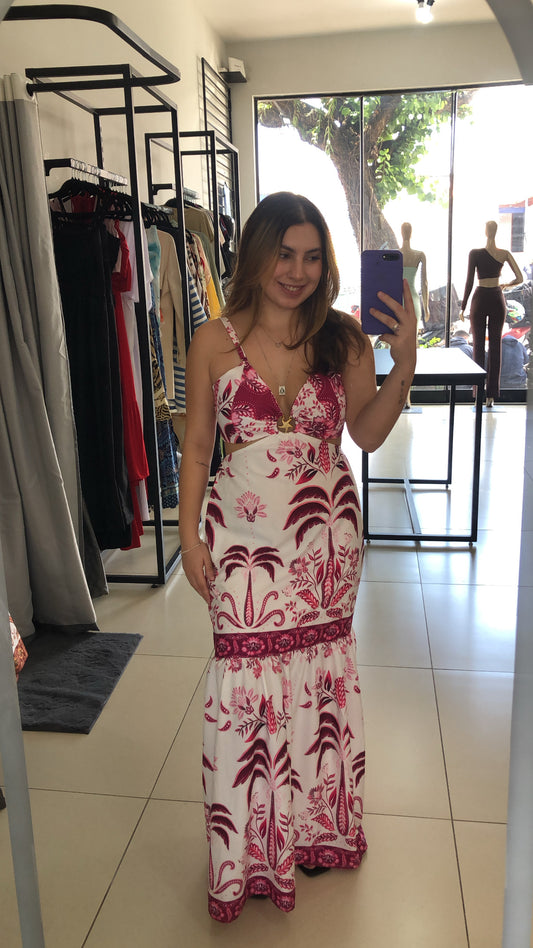 Vestido Longo Rosa Estampado com Detalhe de Estrela - U