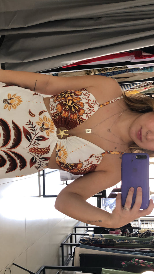 Vestido longo Marrom Estampado com Detalhe de Estrela - U