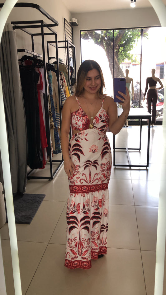 Vestido Longo Vermelho Estampado Com Detalhe de Estrela - U