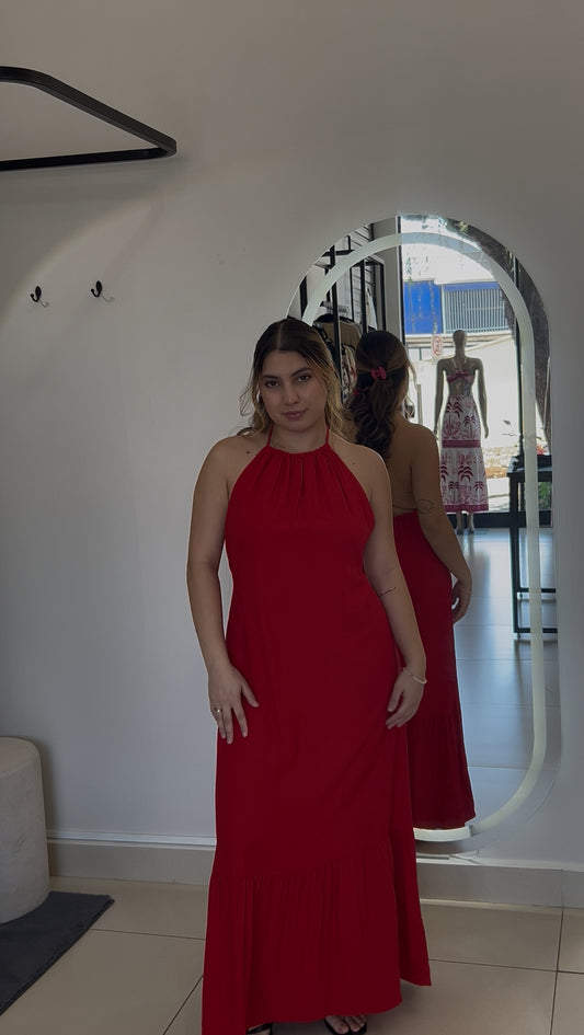 Vestido longo vermelho com decote halter - G