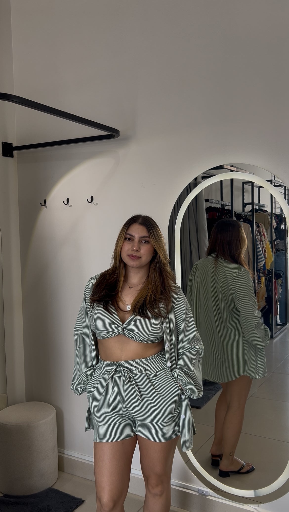 Conjunto Listrado Verde Menta - Cropped + Kimono + Short