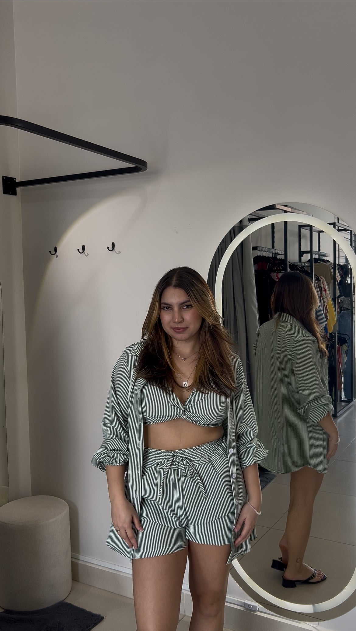 Conjunto Listrado Verde Menta - Cropped + Kimono + Short