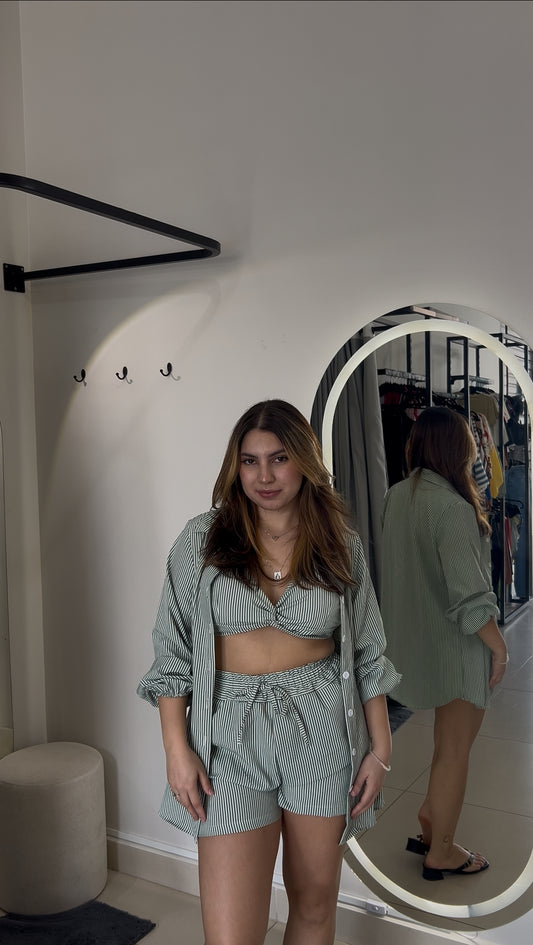Conjunto Listrado Verde Menta - Cropped + Kimono + Short