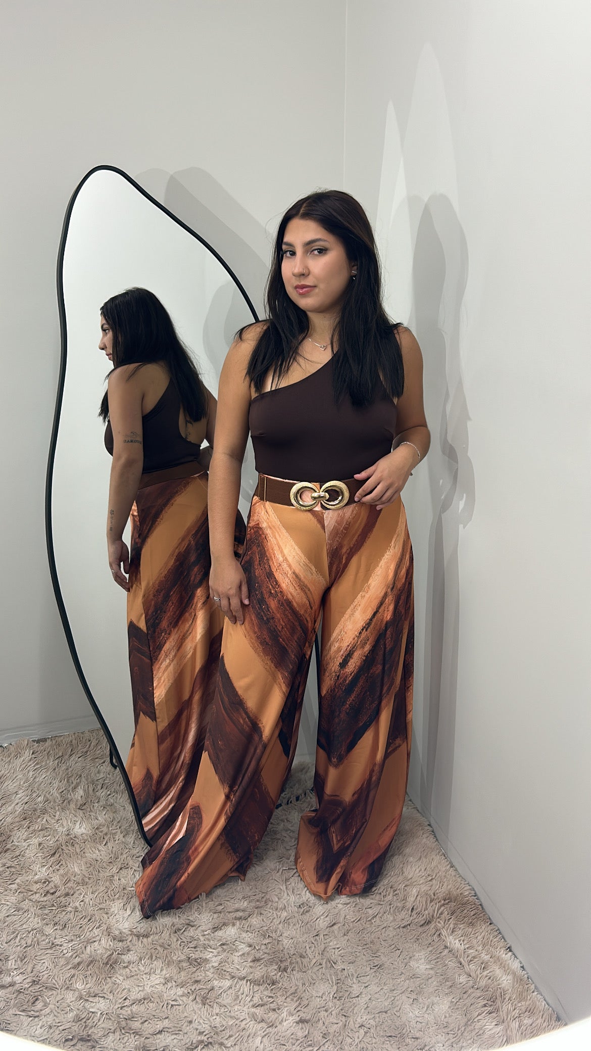 Calça Pantalona Estampada - MARROM