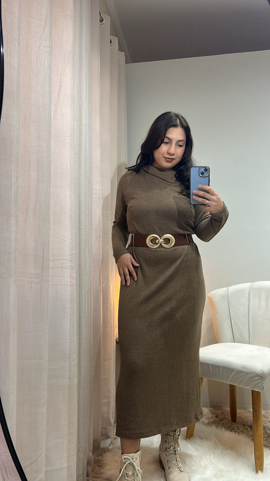 Vestido Midi Gola Alta – Marrom Café