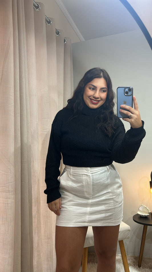 Blusa cropped de tricô canelado com gola alta - Preto