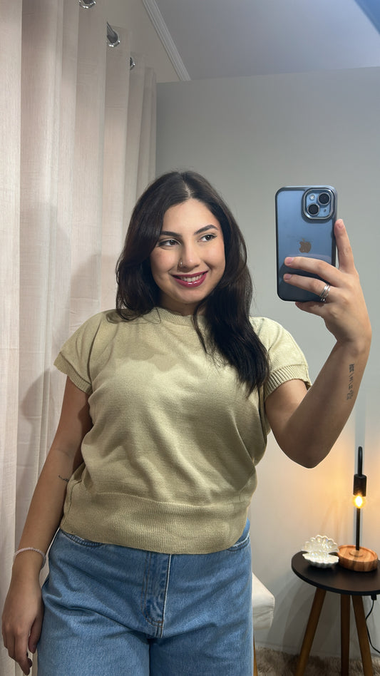 Blusa Tricot Fina Manga Curta – Bege Claro