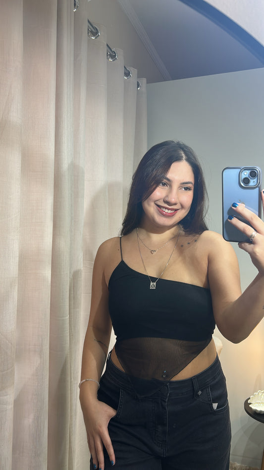 Cropped Assimétrico em Poliamida com Tule - Preto