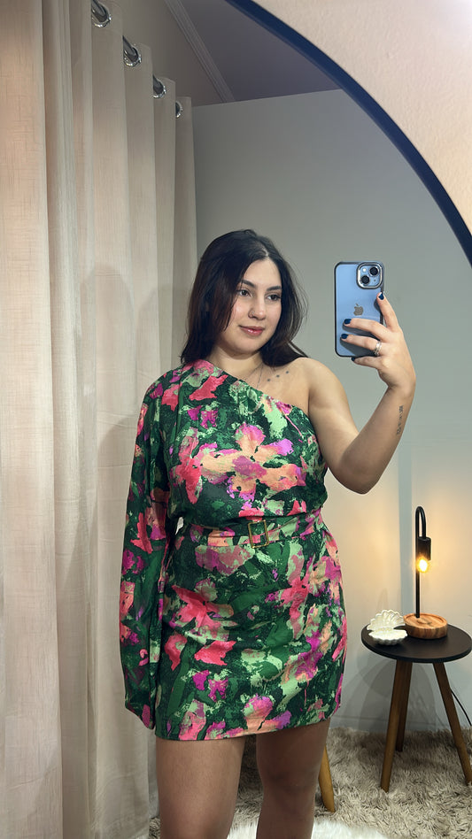 Vestido Curto de Um Ombro Só com Estampa Floral e Cinto - Verde Floral