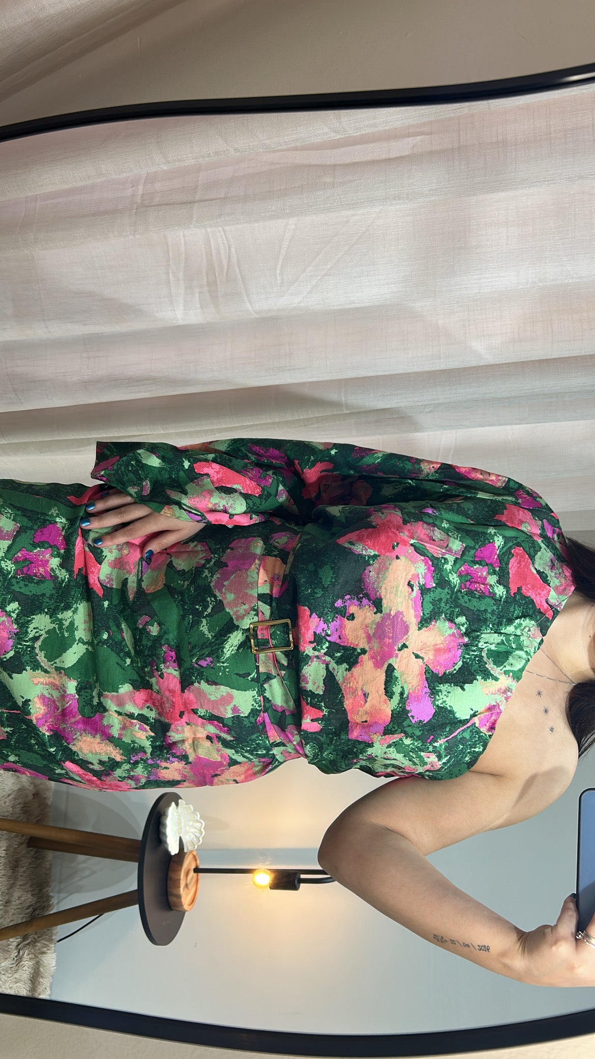 Vestido Curto de Um Ombro Só com Estampa Floral e Cinto - Verde Floral