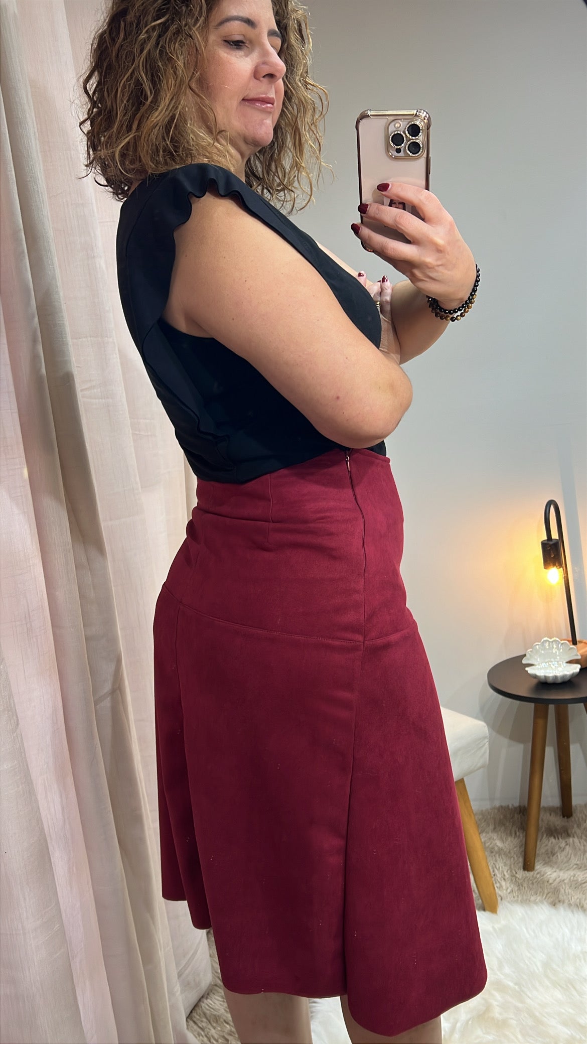 Saia Midi Suede - Bordô