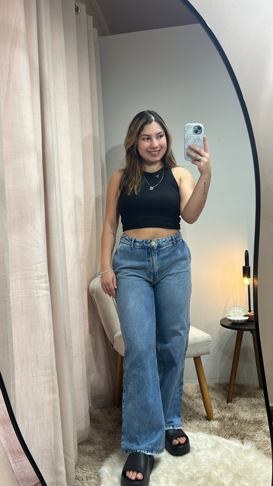 Calça Wide Leg Jeans - Bolso Faca