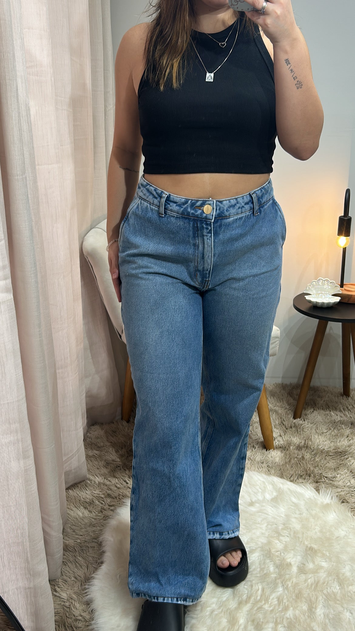 Calça Wide Leg Jeans - Bolso Faca