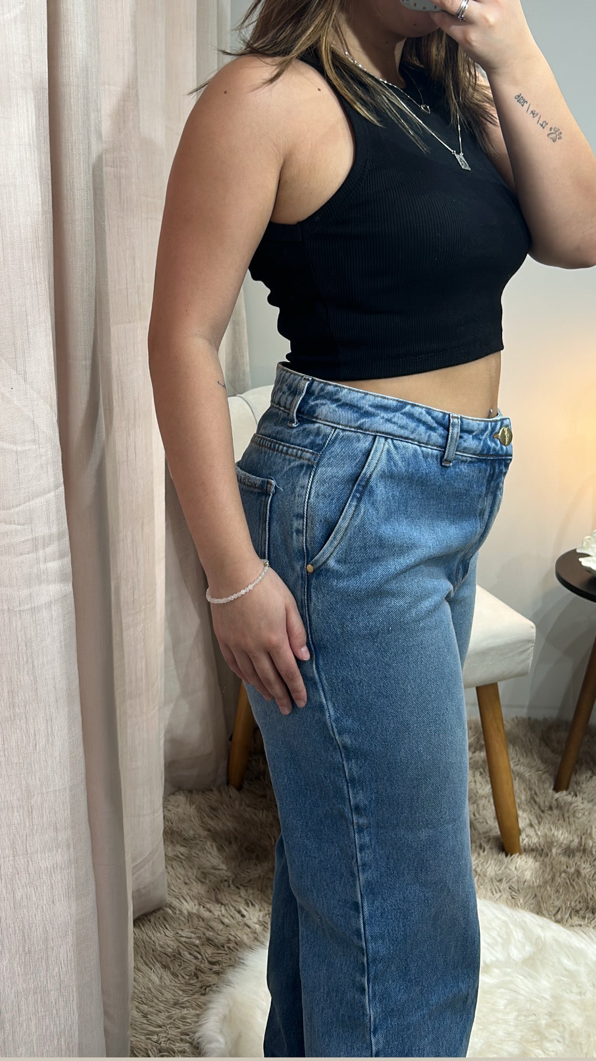 Calça Wide Leg Jeans - Bolso Faca