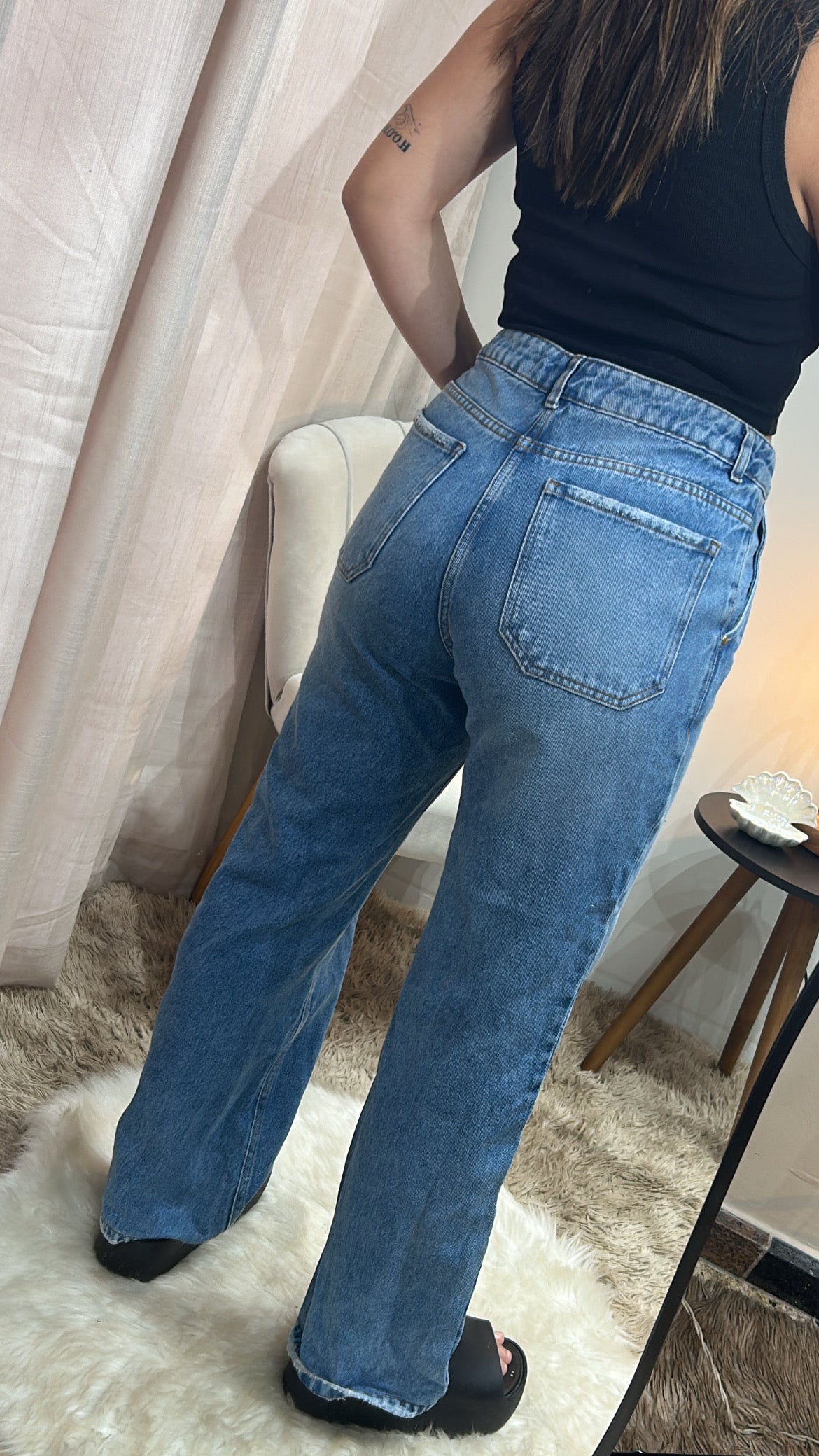 Calça Wide Leg Jeans - Bolso Faca