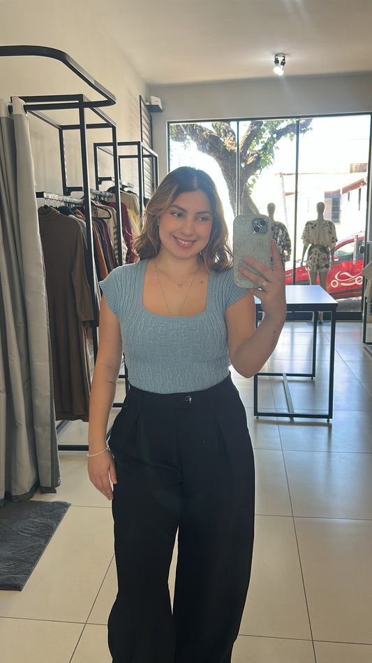 Blusa com Manga Decote Quadrado Tricot - Azul Bebê